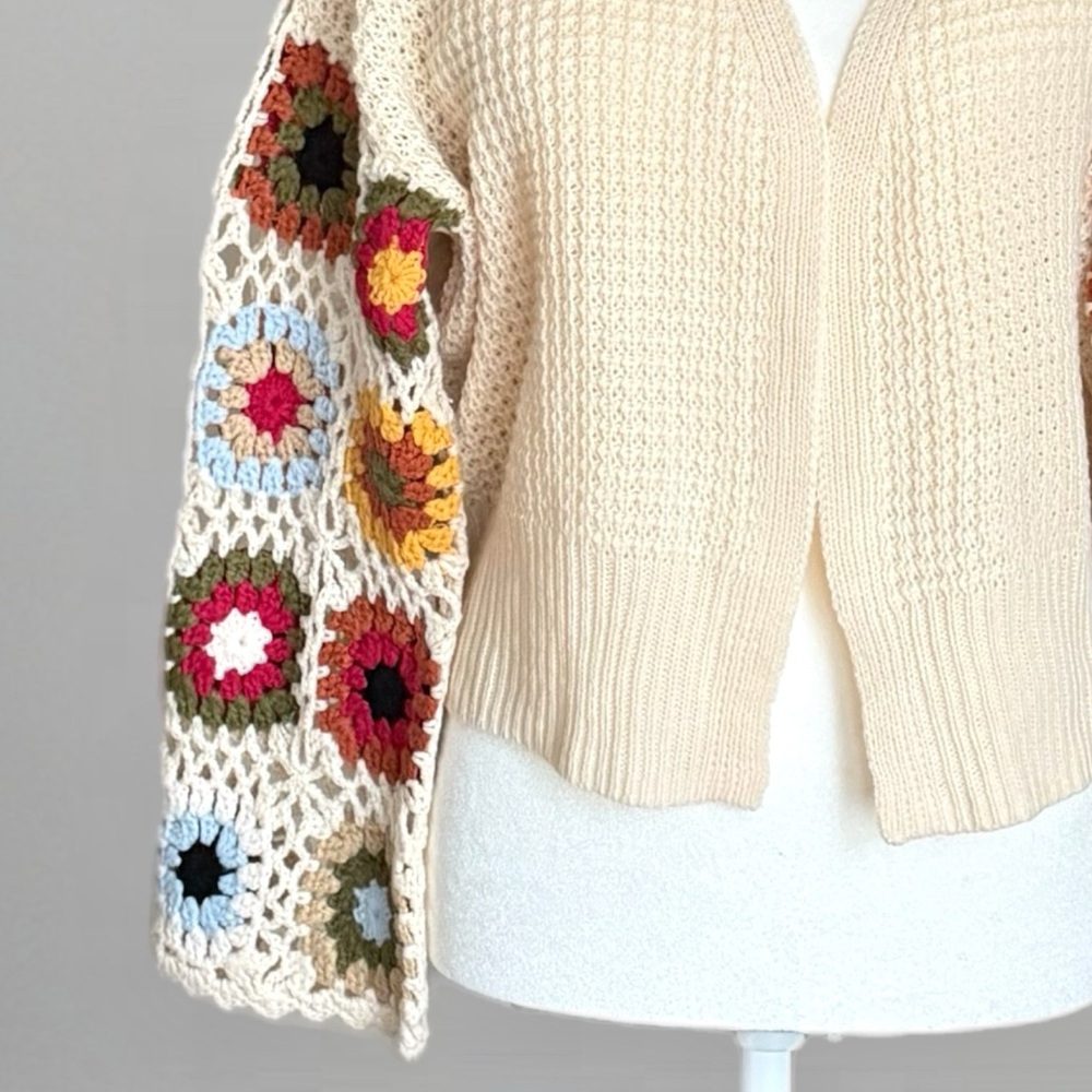 Boho Crochet Granny Square Sleeve Cardigan Cream Open Knit Sweater Size Small - Picture 15 of 16